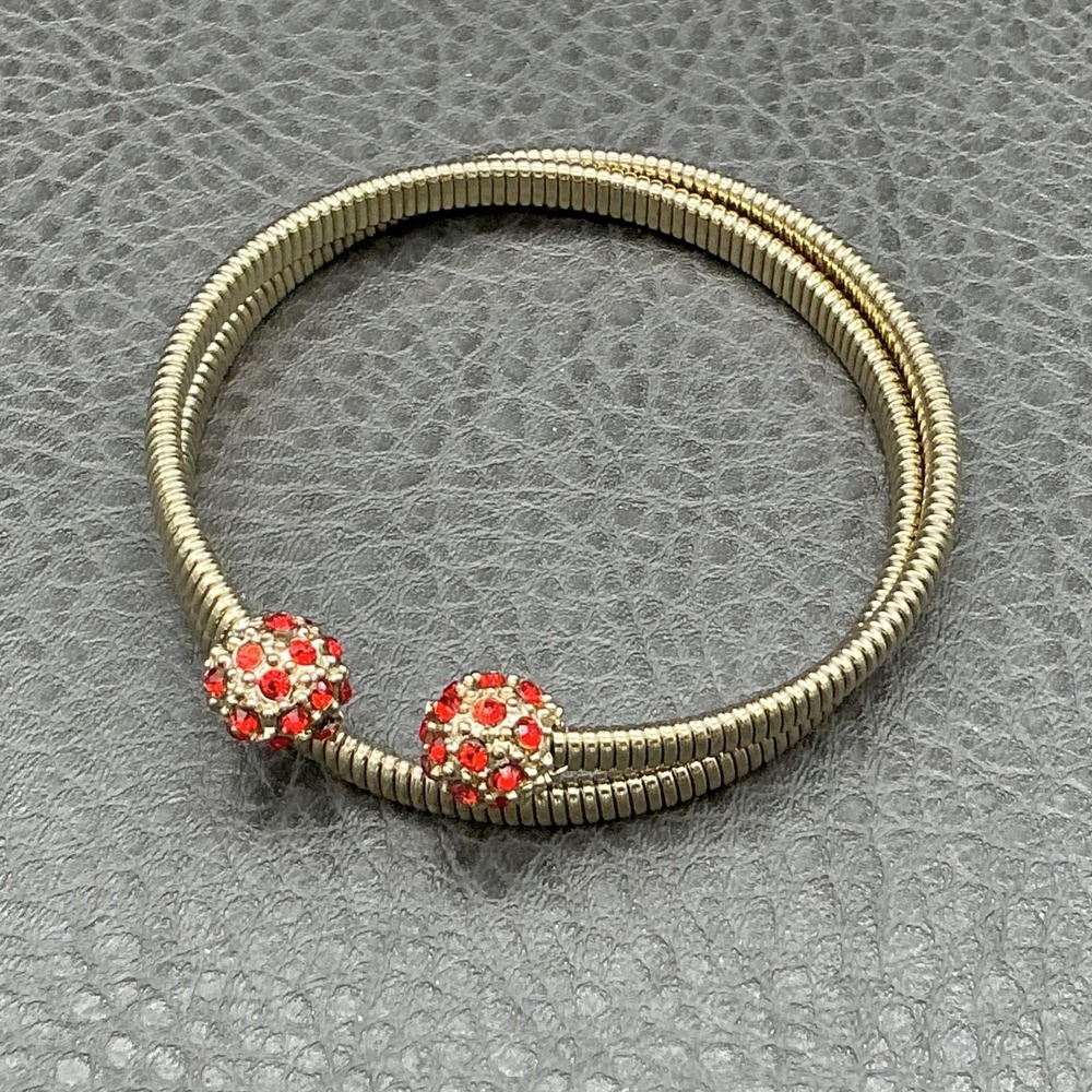 Gold Tone Coil Wrap Bracelet Red Crystal Rhinestone Ball Ends Womens 7 Inch‎